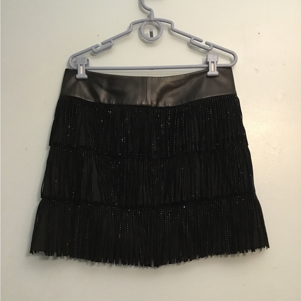 DKNY Black Tiered Fringe Mini Skirt